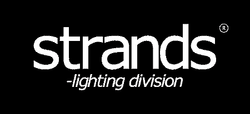 Logo has a black background with lower-case white coloured text that says ‘Strands - lighting division’ 